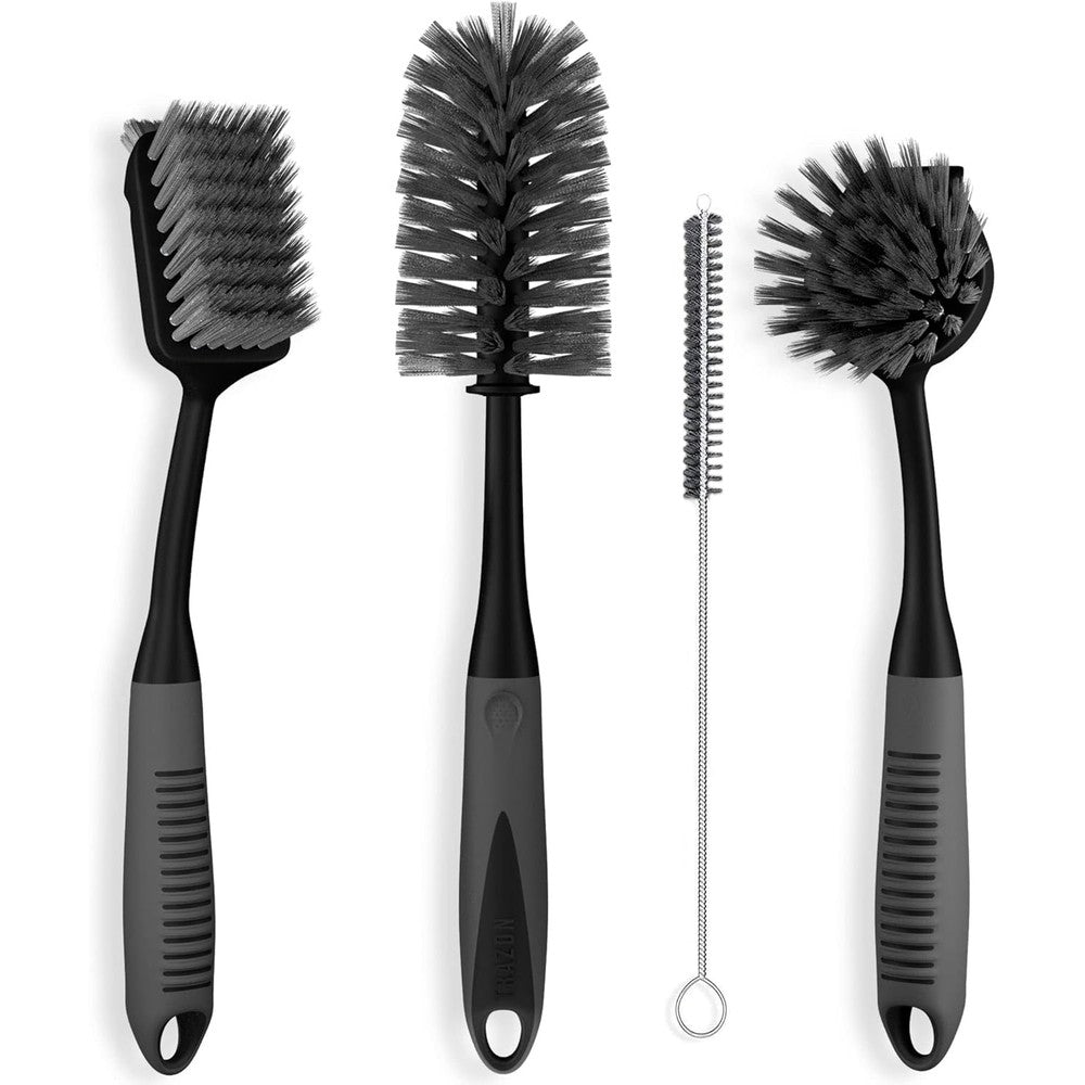 Trazon kitchen dish brush set of 4 front view showing the full black cleaning kit.