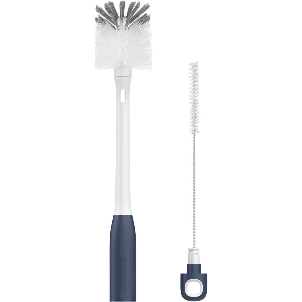ROSEOK 2 in 1 long handle bottle brush navy blue front view showcasing durable nylon bristles