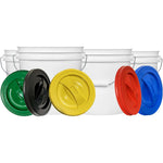 House Naturals 2 Gallon Plastic Bucket set with multi-colored screw on lids front view.