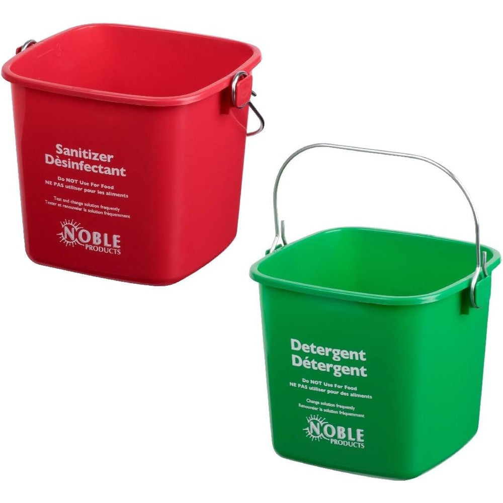 Noble Products red and green 3 quart square pails front view for food safety.