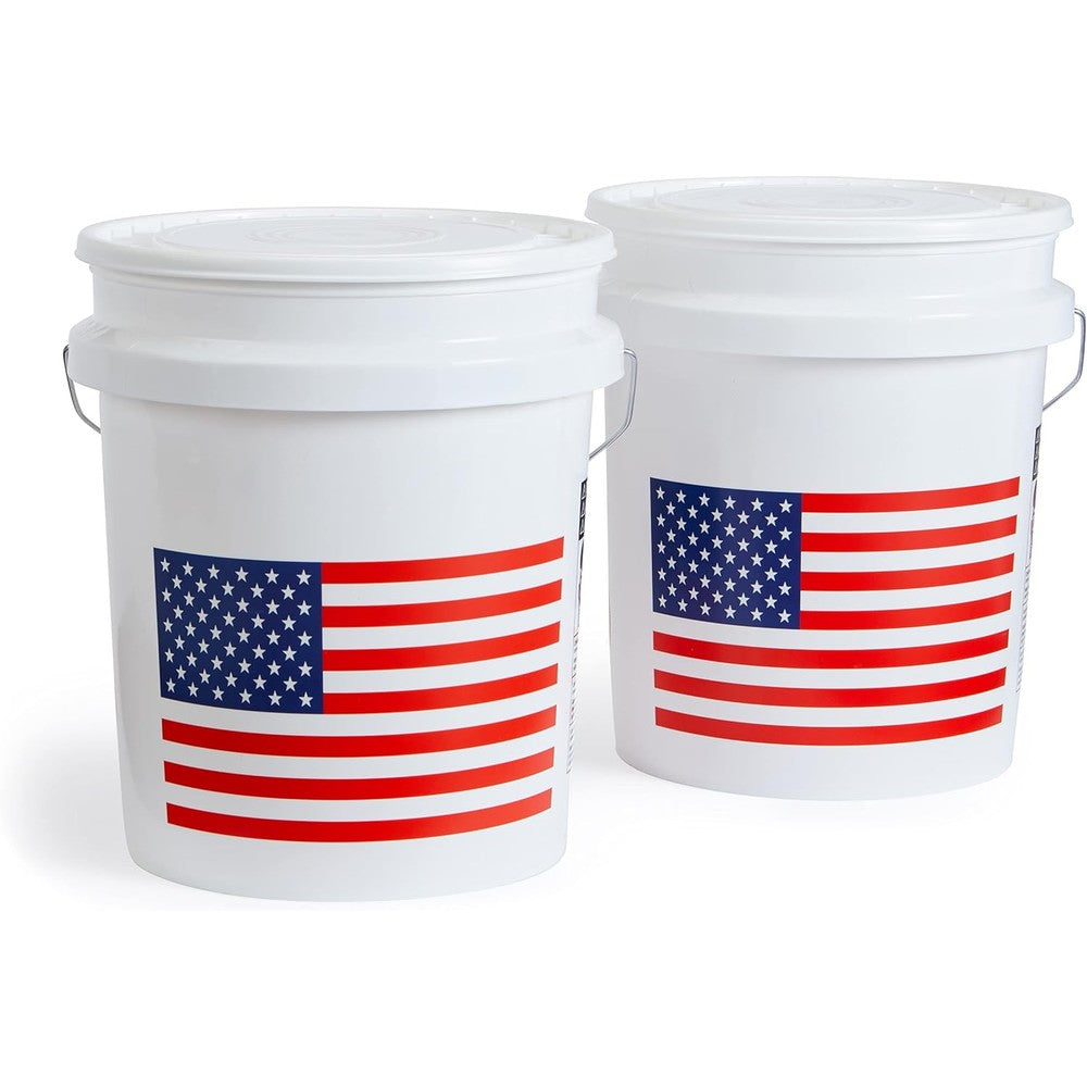 United Solutions 5 Gallon Heavy Duty Plastic Bucket front view featuring USA flag graphic.