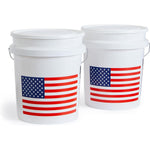United Solutions 5 Gallon Heavy Duty Plastic Bucket front view featuring USA flag graphic.