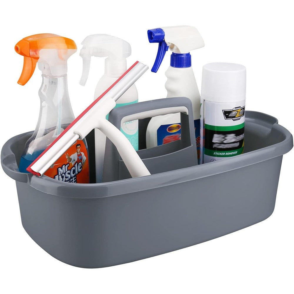 KeFanta cleaning supplies caddy in gray front view showing spray bottles inside