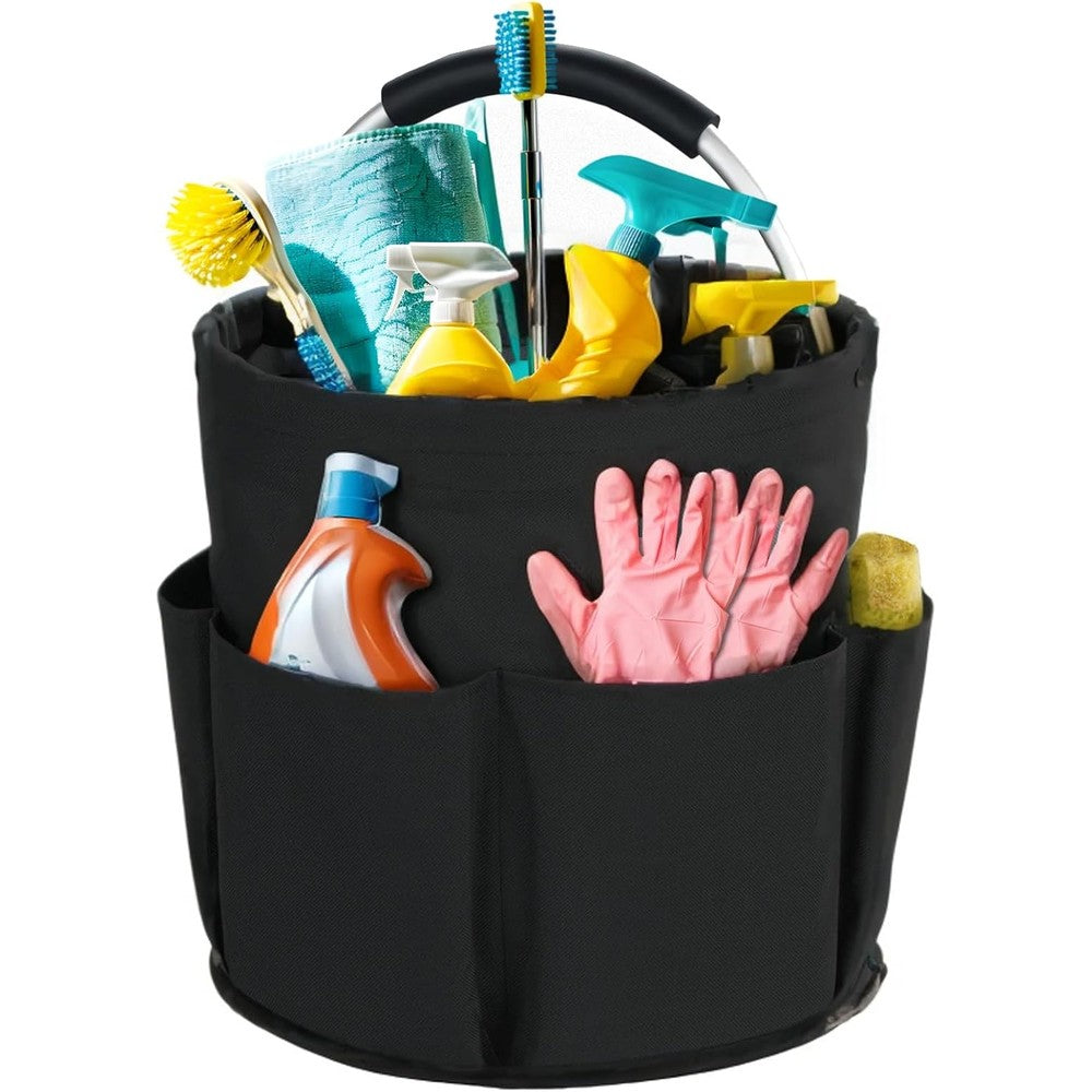 Bototack Cleaning Caddy with handle front view showing 6 outer pockets for storage.