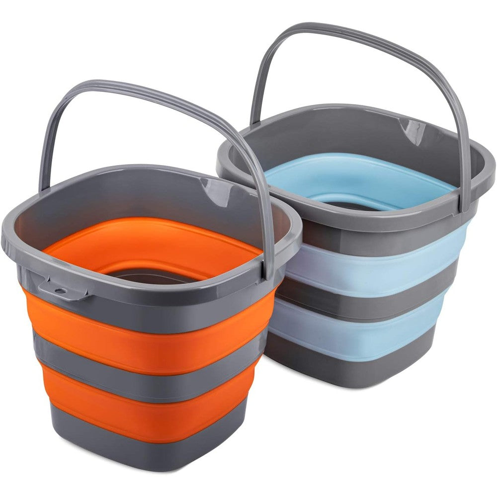 Tiawudi collapsible plastic bucket set showing front view of two blue ten liter tubs.