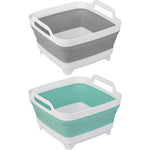 Tiawudi 2 pack collapsible dishpan front view expanded showing grey and green colors.