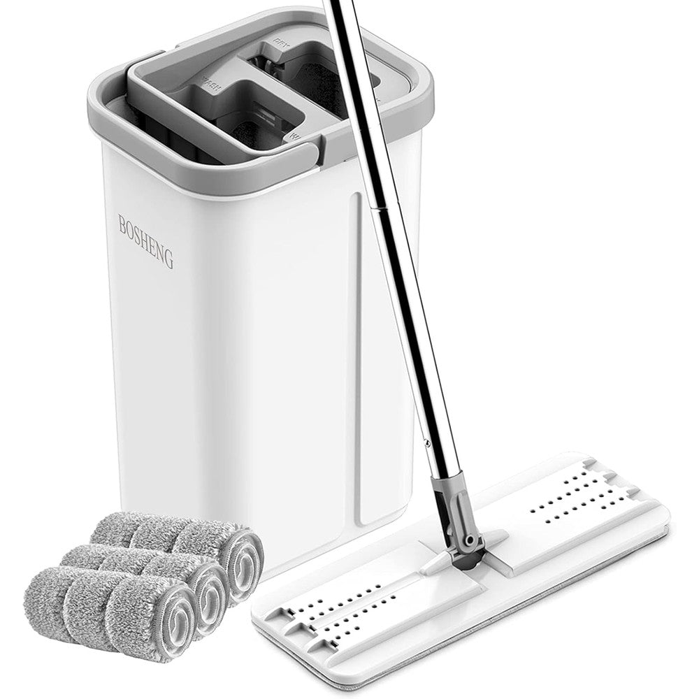 BOSHENG Mop And Bucket With Wringer Set Hands Free Flat Floor Mop With Three Washable Microfiber Pads For Wet And Dry Cleaning