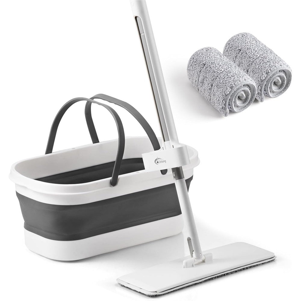 Oshang flat mop and collapsible bucket OG7 set front view for floor cleaning.