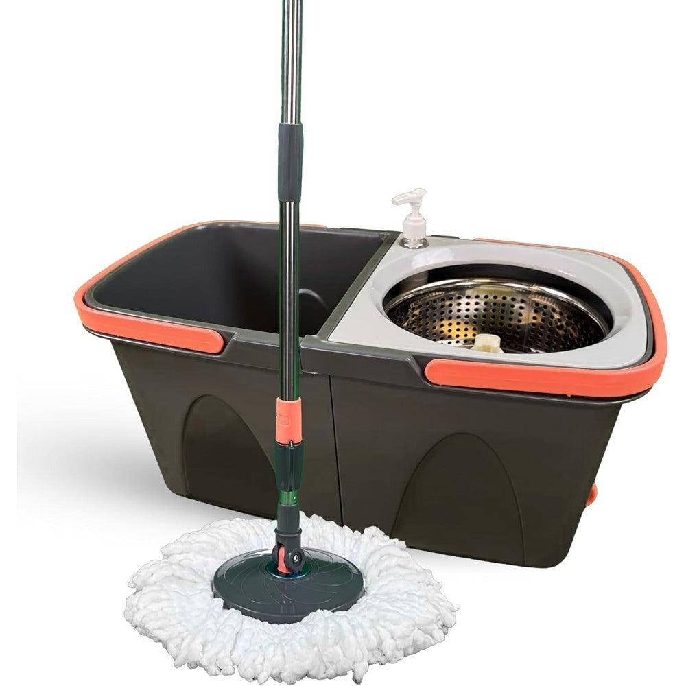 Consumer Price Busters Easy Spin Microfiber Spin Mop and Bucket Set front view showing the grey bucket and stainless steel spinner basket.