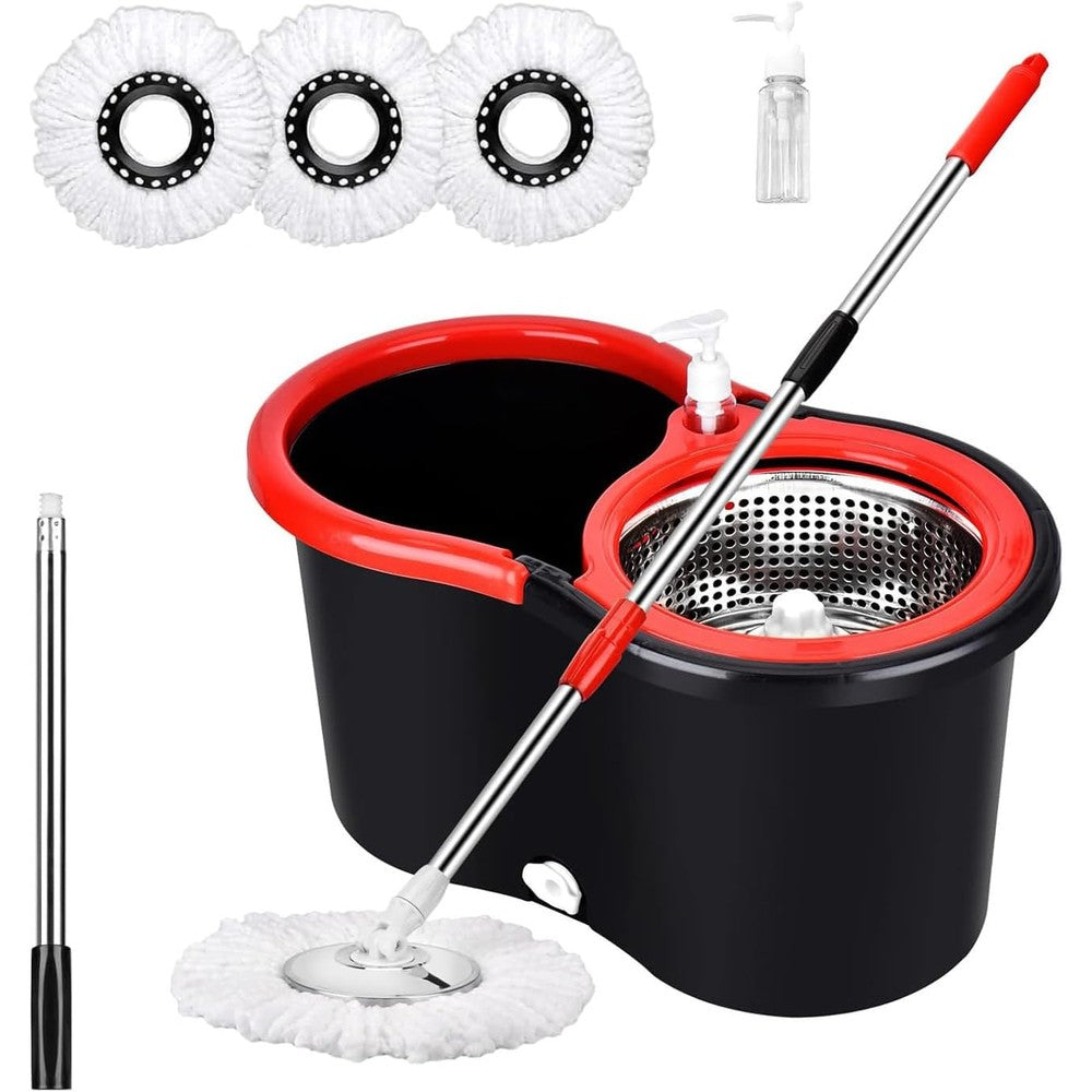 PULNDA Spin Mop and Bucket Set front view showing black bucket and stainless steel wringer.