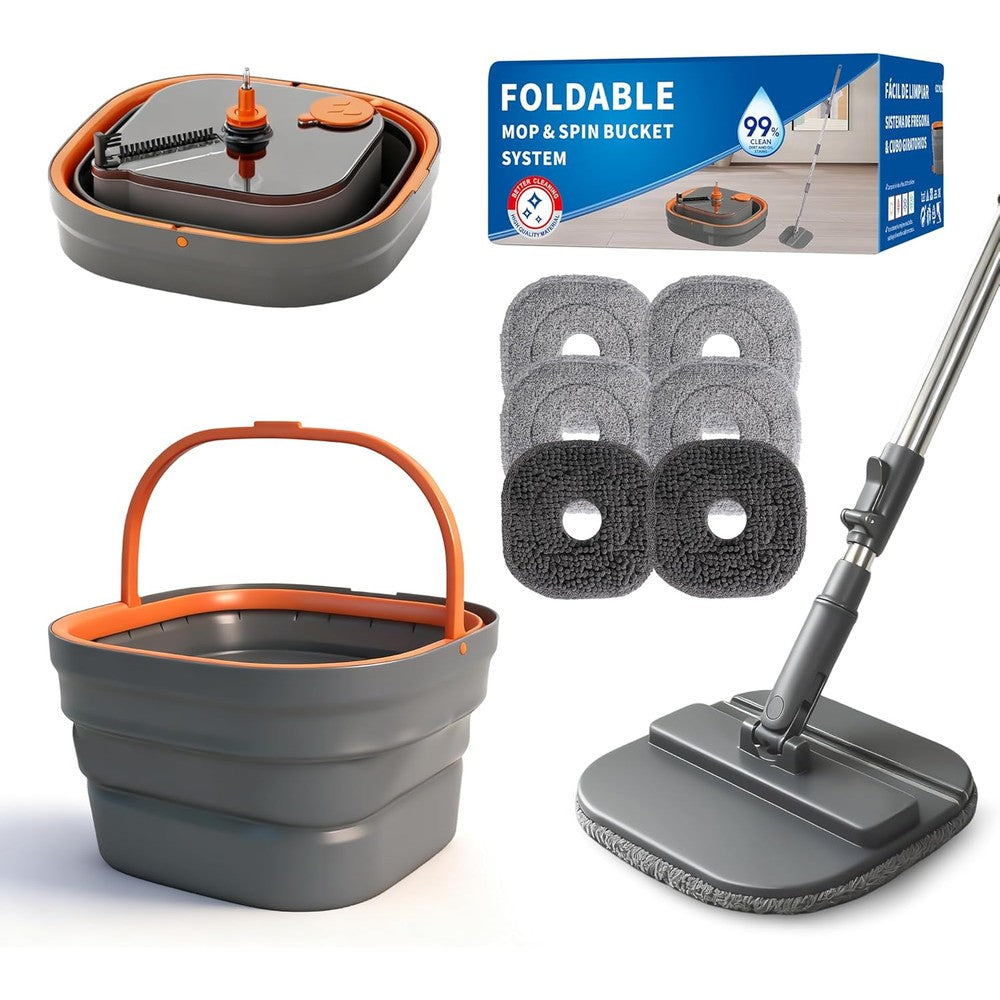 BOWEITI Collapsible Spin Mop and Bucket Set front view showing the expanded dual tank cleaning system with square microfiber head.