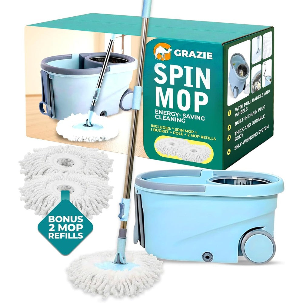 Grazie Spin Mop and Bucket Set front view showing the blue and grey wheeled bucket.