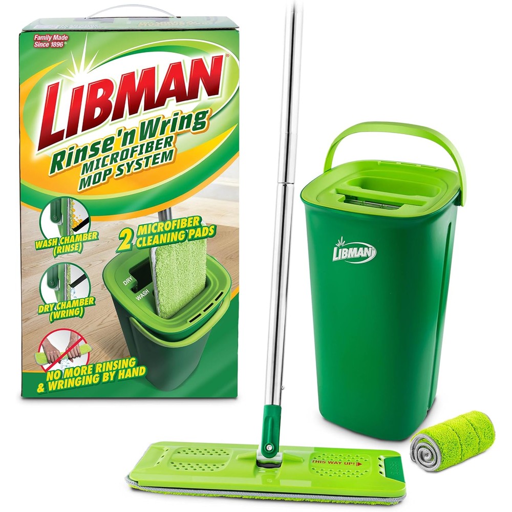Libman Commercial Rinse 'n Wring Mop and Bucket System front view featuring green and grey dual-chamber bucket.