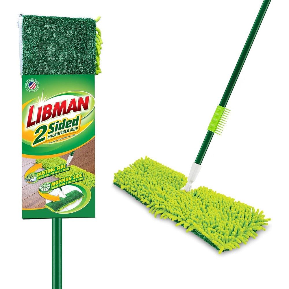 Libman Commercial 2 Sided Microfiber Dust Mop front view showing the green dual action cleaning head assembly