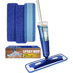 Panda Grip premium spray mop front view showing the blue microfiber pad and attached refillable water bottle.