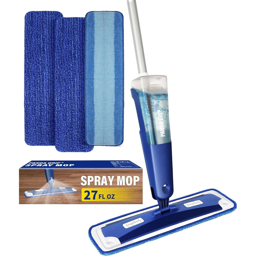 Panda Grip premium spray mop front view showing the blue microfiber pad and attached refillable water bottle.