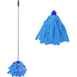 EaseYourDay floor cleaning mop front view showing adjustable alloy handle and attached blue microfiber head