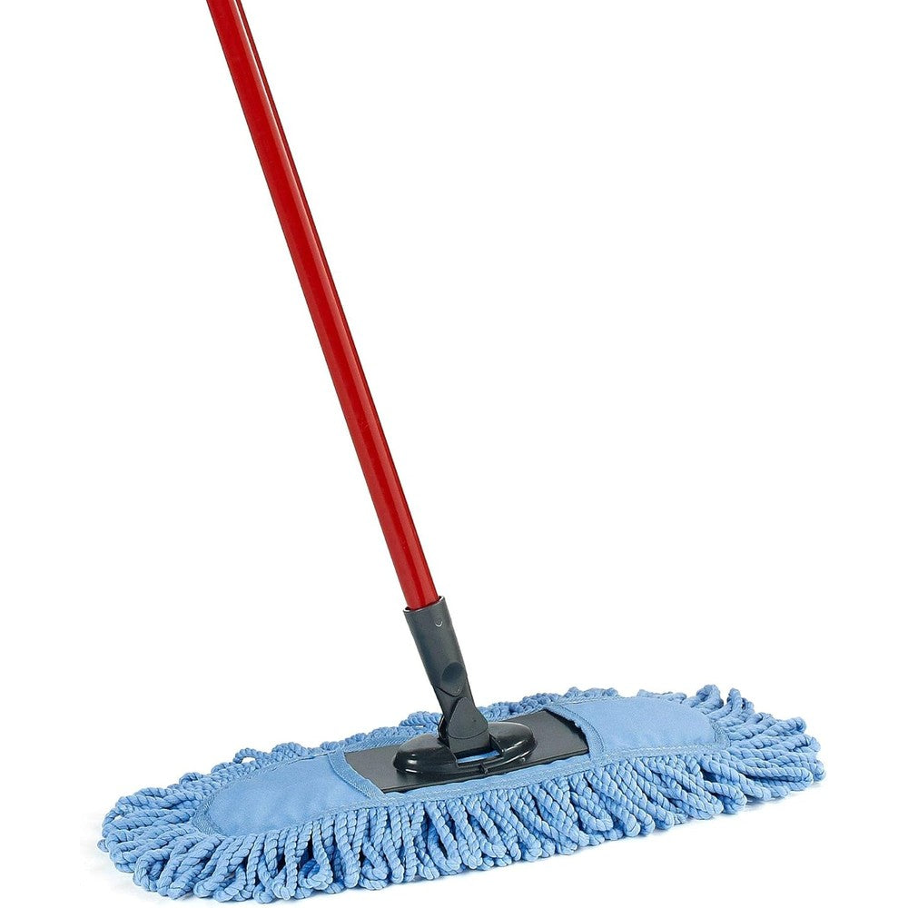 O-Cedar Dual Action Microfiber Sweeper Dust Mop front view showcasing the red handle and blue cleaning head.