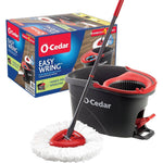 O-Cedar EasyWring Microfiber Spin Mop and Bucket System front view featuring the red and gray bucket with foot pedal