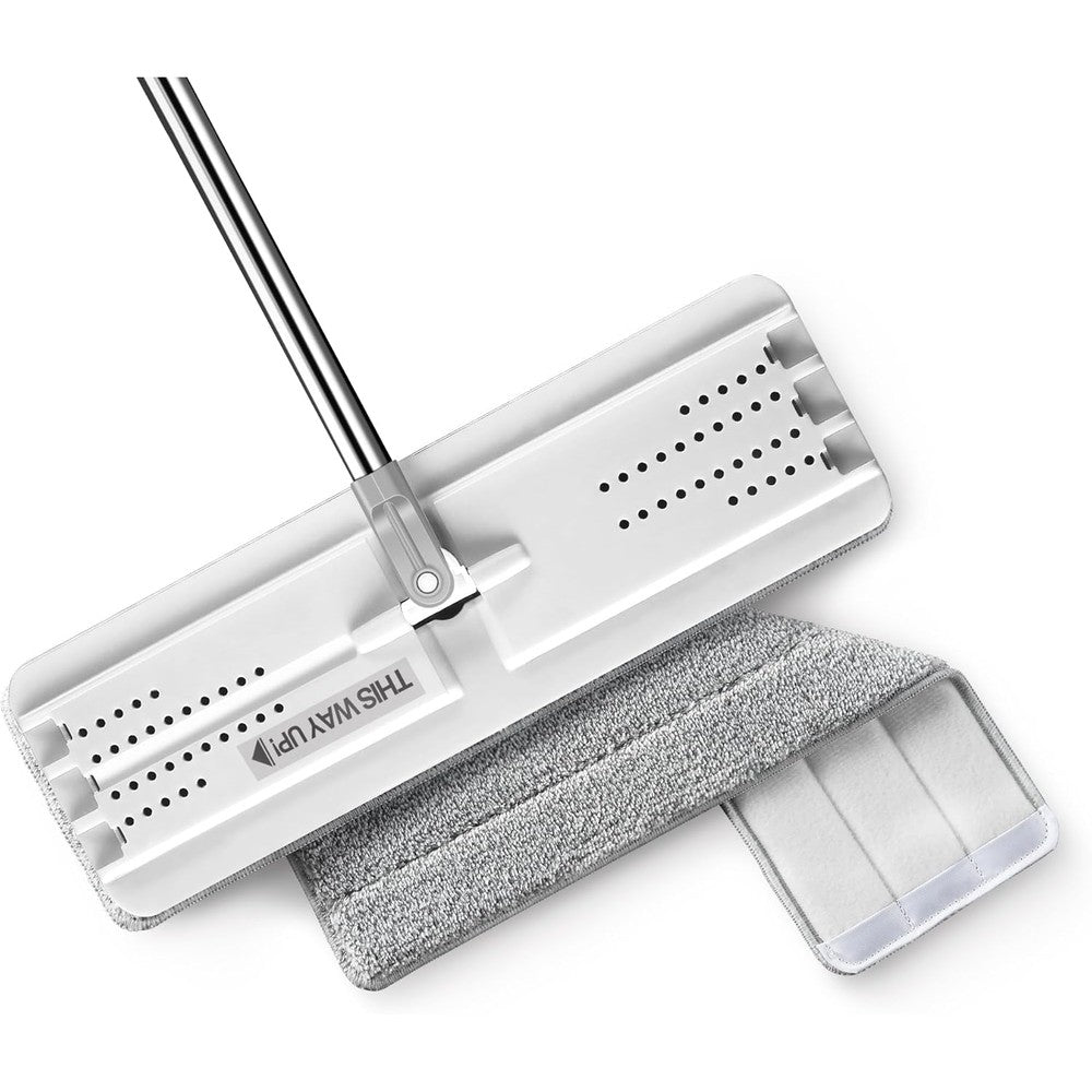 JOYMOOP flat microfiber mop white front view standing upright showcasing the fifty inch handle