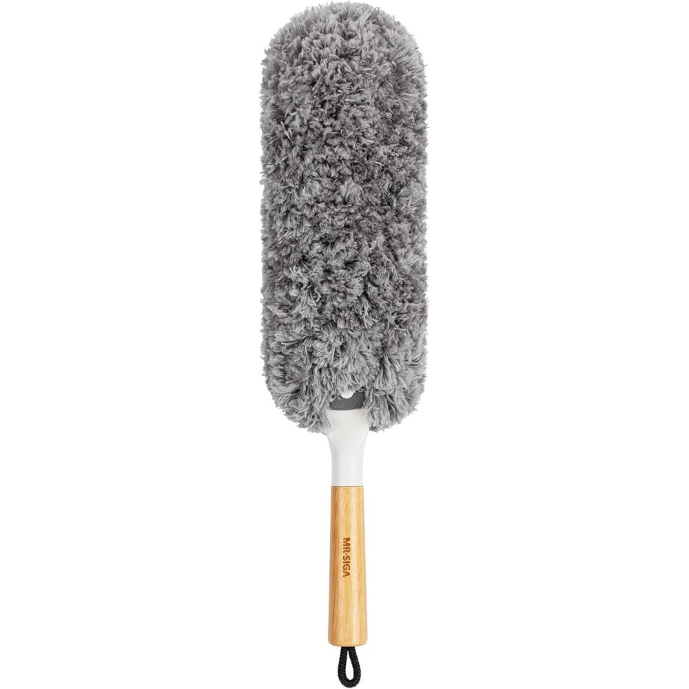 MR.SIGA Lint Free Microfiber Duster front view showing the grey fluffy head and natural bamboo handle for premium household cleaning.