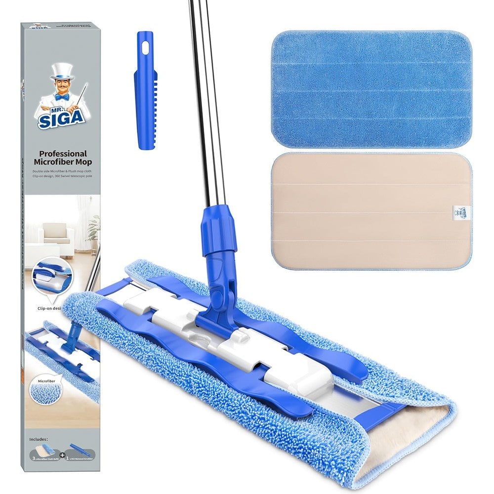 MR.SIGA professional microfiber floor mop front view showing stainless steel telescopic handle