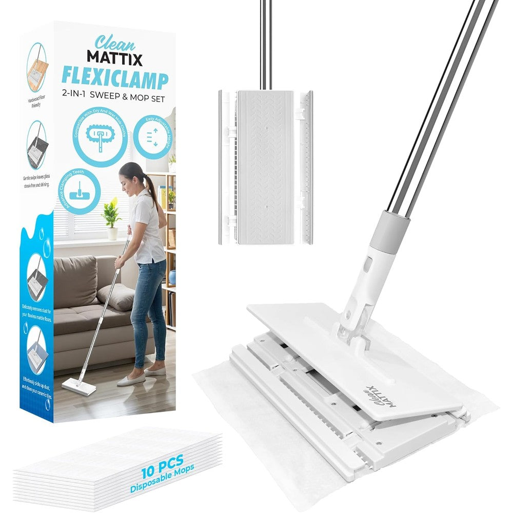 CleanMattix FlexiClamp sweep and mop kit front view showcasing the white flat mop head and long steel handle.