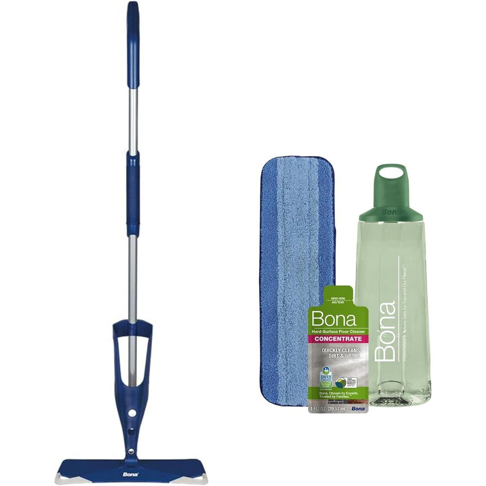 Bona Premium Spray Mop front view with blue microfiber pad and cleaning cartridge