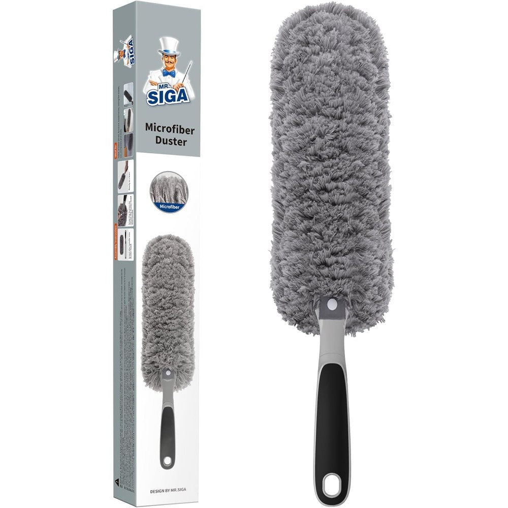 MR.SIGA Lint Free Microfiber Duster front view showing the gray fluffy head and black handle.
