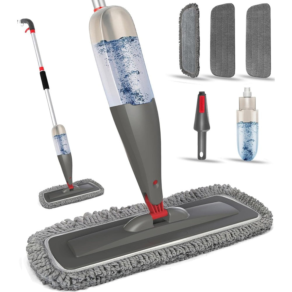 CLDREAM spray mop for floor cleaning front view showing grey 800ml refillable bottle and wide microfiber pad assembly.