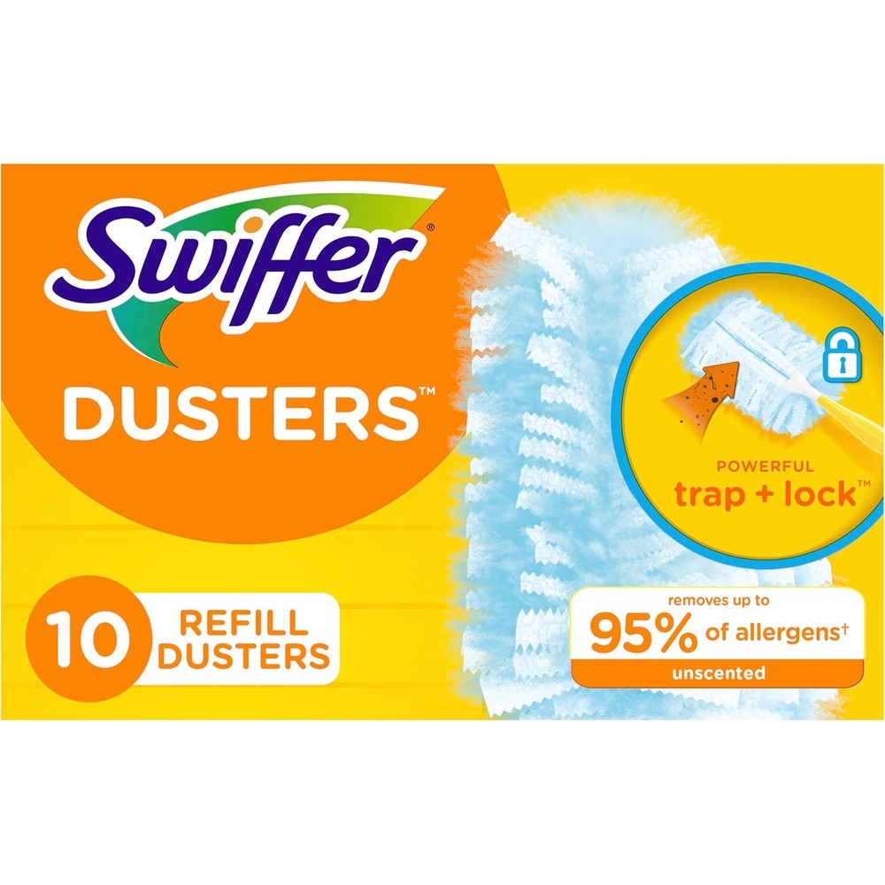 Swiffer Dusters Refills 10 Count front packaging view for home cleaning.