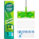 Swiffer Sweeper 2 in 1 starter kit showing front view of green mop head and refill packs.