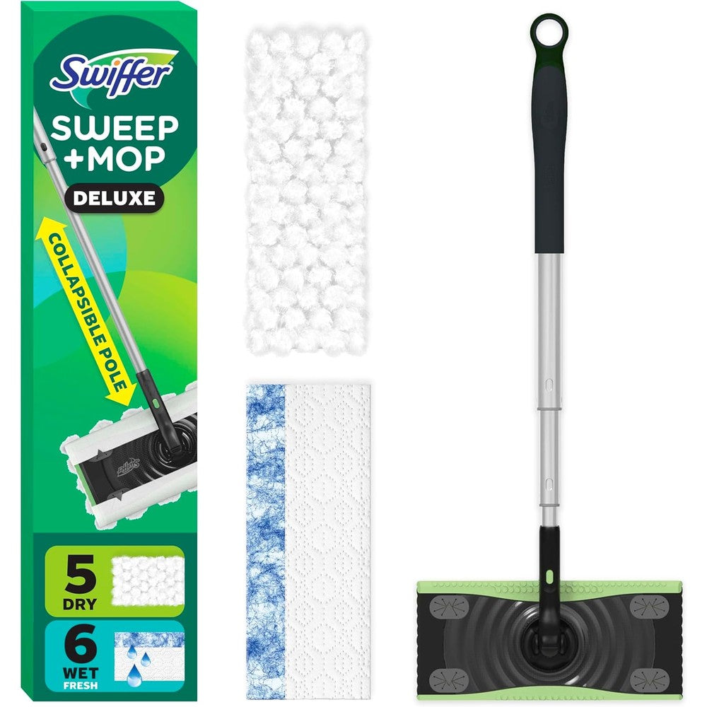 Swiffer Sweep and Mop Deluxe two in one multi surface kit front view showing the black sweeper device and starter cloths