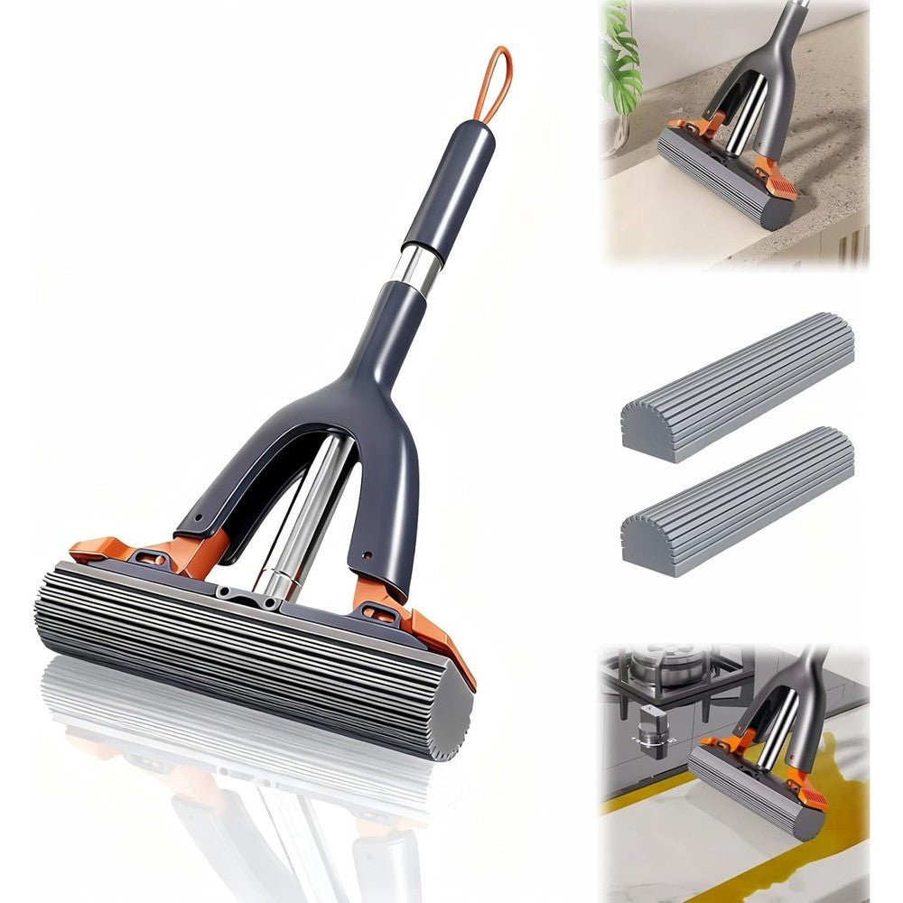 YORJLBK portable self squeeze cleaning mop front view showing gray body and orange lever