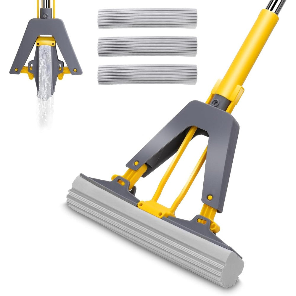 Nolopau sponge mop front view showing yellow and gray self squeeze mechanism on tile floor.