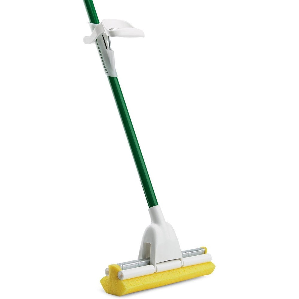 Libman Commercial 2016 Roller Mop front view with green steel handle and yellow sponge head floor cleaning equipment.