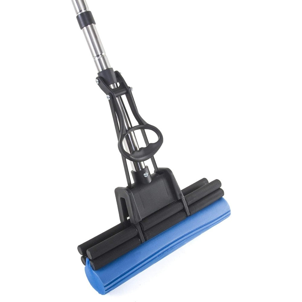 Kitchen + Home PVA Sponge Roller Mop front view showing blue foam head and black quadruple rollers.