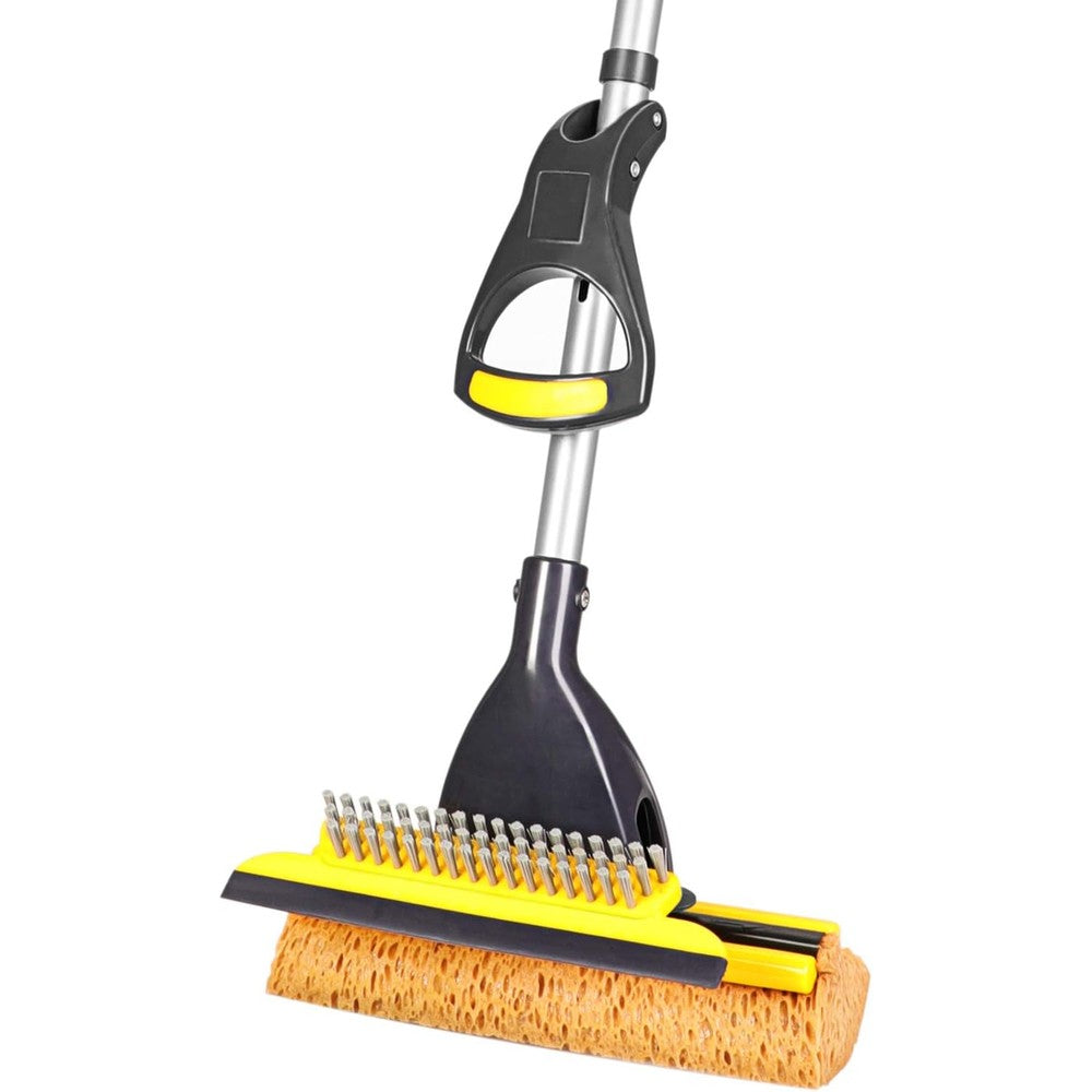 Yocada Sponge Mop front view showing the honeycomb sponge head and blue squeegee blade for commercial tile floor cleaning.