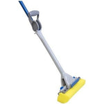 Quickie Automatic Roller Sponge Mop front view showcasing the alloy steel handle and 9-inch cellulene sponge head for heavy-duty household floor cleaning.