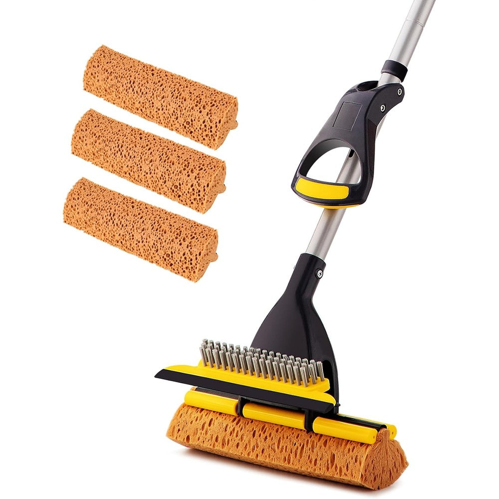 Yocada sponge mop front view highlighting the yellow honeycomb sponge head and black squeegee blade.