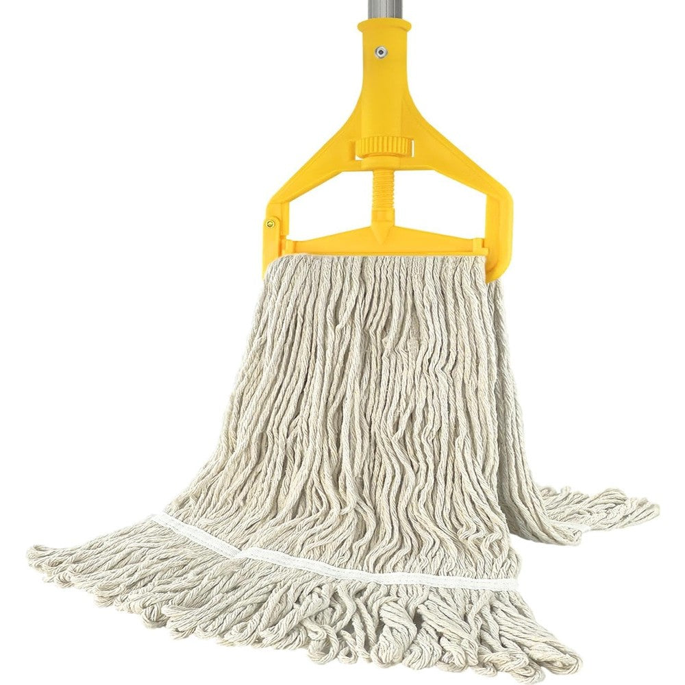 Bunliuys commercial heavy duty string floor mop front view showing the long aluminum handle and yellow jaw clamp.
