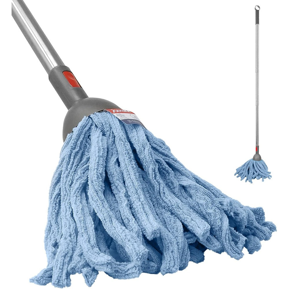 FAYINA Premium Microfiber Wet Mop front view showing light blue strands and stainless steel handle.