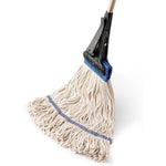 Eyliden janitorial heavy duty string mop front view showing the patented steel jaw clamp and cotton head for commercial cleaning.