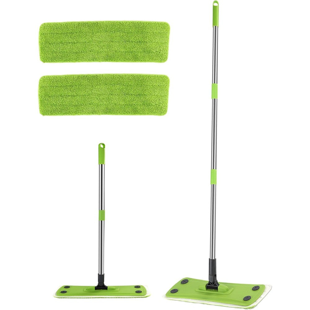 Runful Green Flat Mop front view showing the rectangular cleaning head and stainless steel handle.