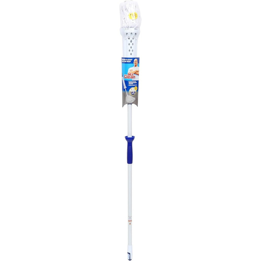 Mr. Clean Wring Clean Cotton Cone Mop front view showcasing the white cotton yarn head and durable blue handle mechanism.