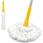 JEHONN self wringing twist mop front view showing yellow handle and white microfiber head for floor cleaning.