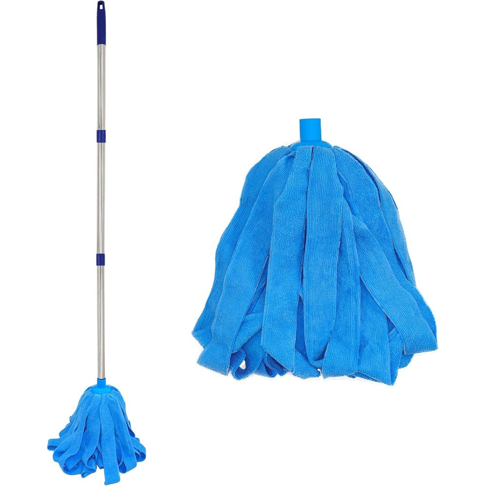 EaseYourDay stainless steel floor cleaning mop front view showing the extendable handle and blue microfiber head.