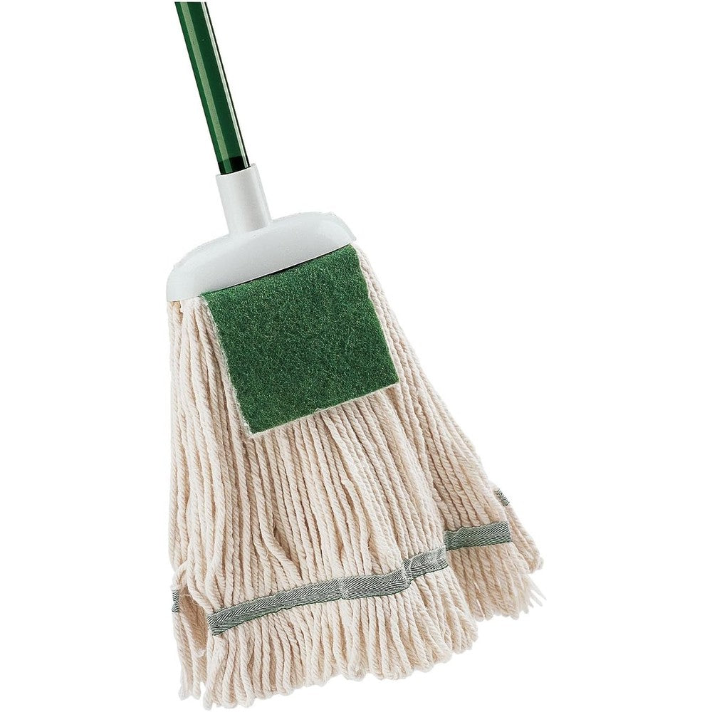 Libman Commercial Jumbo Cotton Wet Mop front view showing the thick cotton head and integrated green scrubbing pad for heavy duty cleaning.