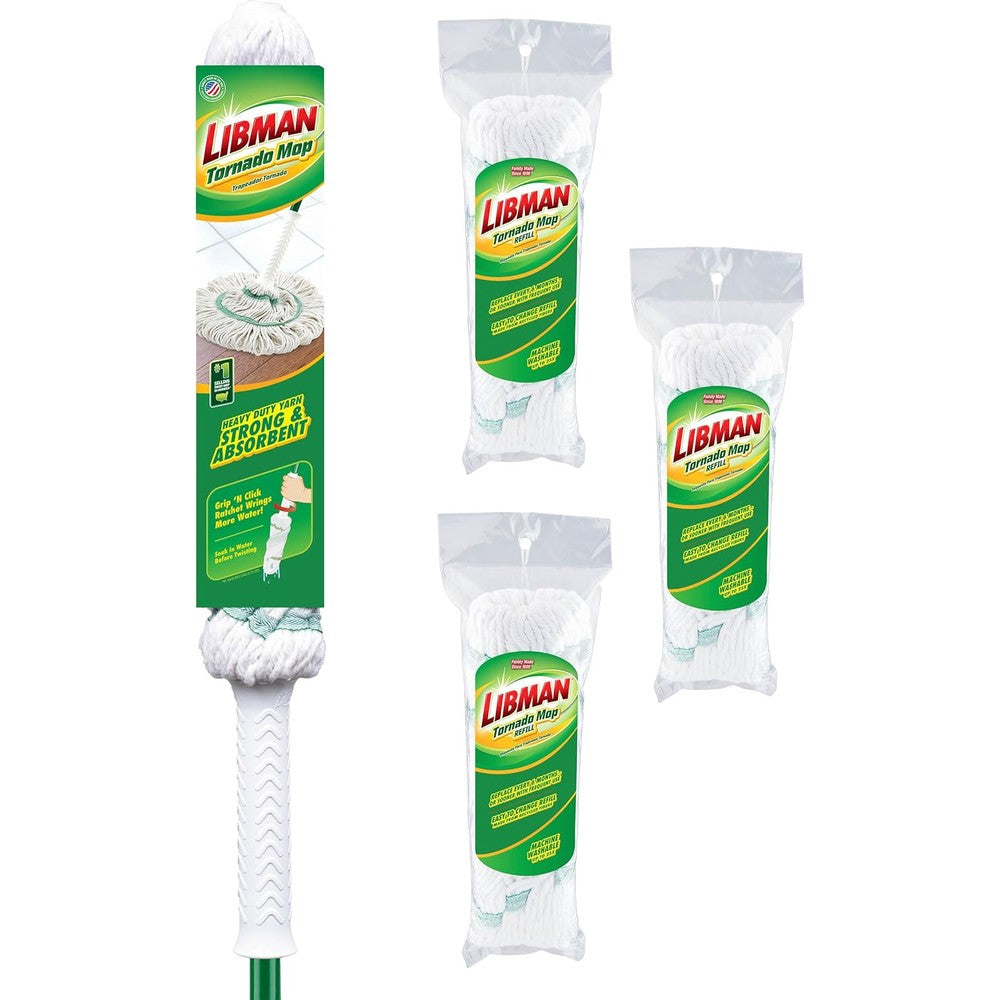 Libman Commercial Tornado Self Wringing Mop front view showcasing the fully assembled white and green handle with a thick cotton head.