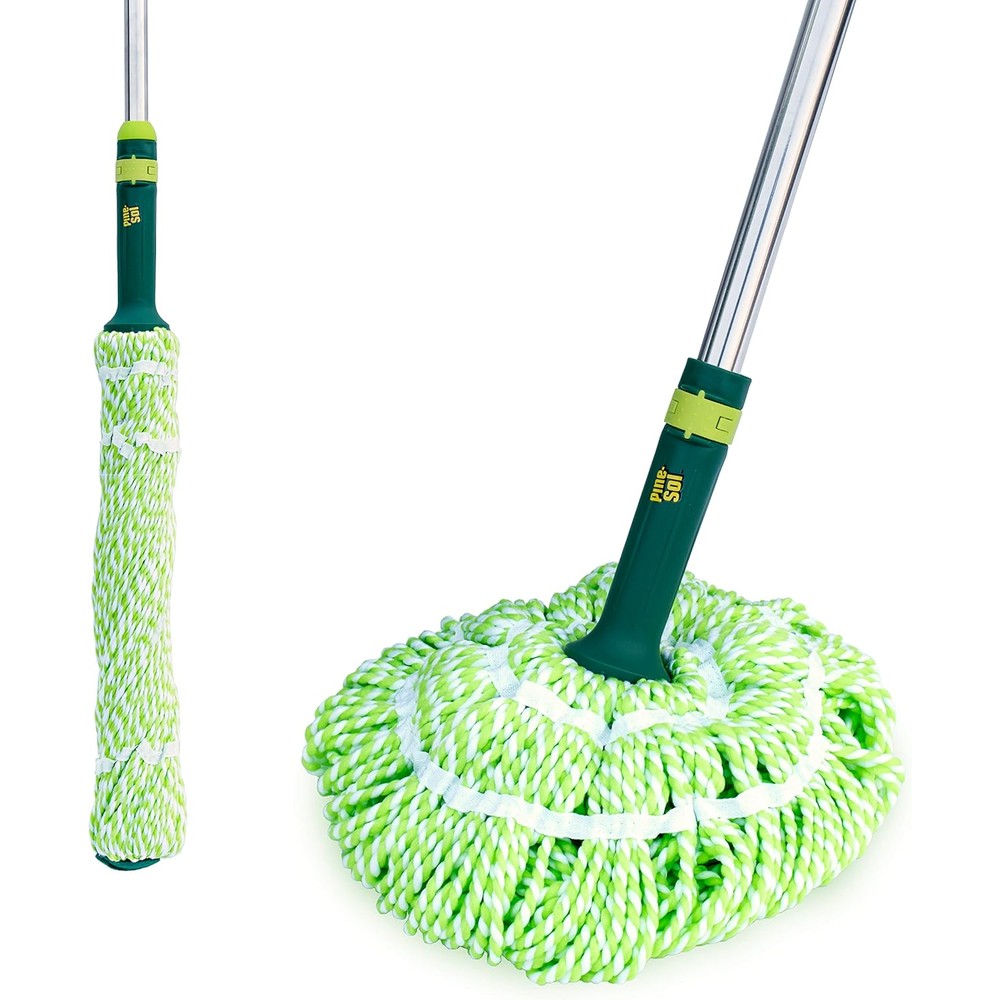 Pine-Sol microfiber self wringing twist mop front view showing green and white head
